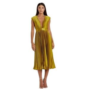 Mac Duggal NWT Size 14 Chartreuse Pleated Cap Sleeve Belted A Line Dress 26483